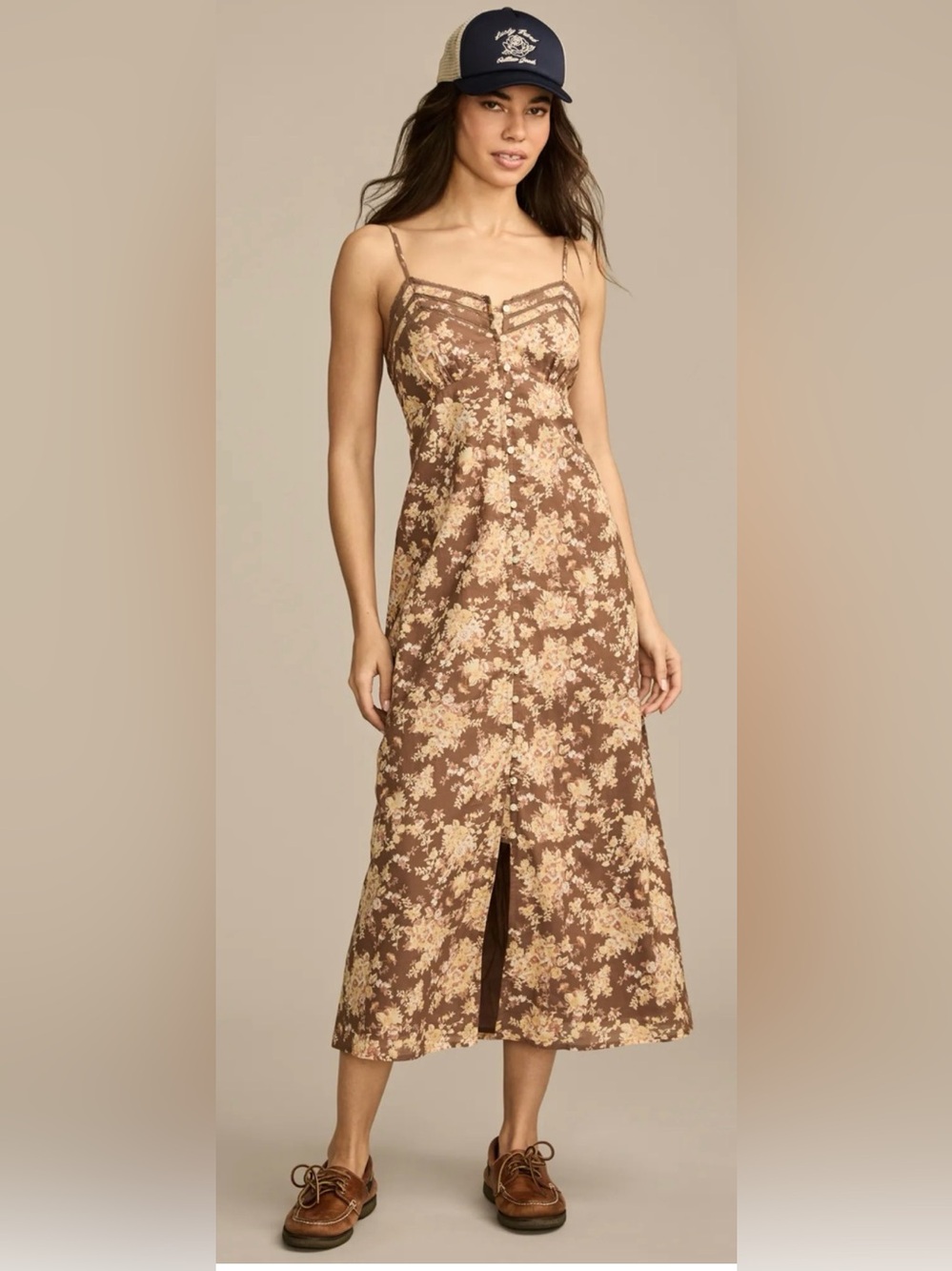 Lucky Brand Brown Floral Button-Front Maxi Dress
